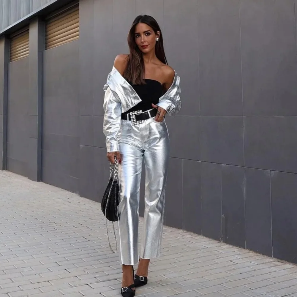 Zara SET  2 pc Metallic Crop Jacket and  Jeans size S and 0 Silver Foil_3